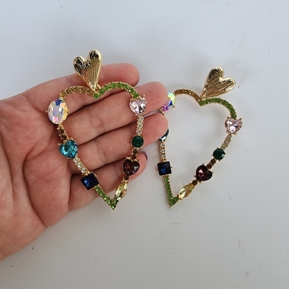 NEW Multi Stone Embellished Open Heart Dangle Earrings Evening - Picture 6 of 6